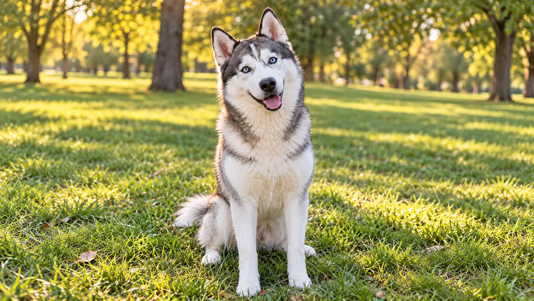 A smiling husky sitting in a sunny park