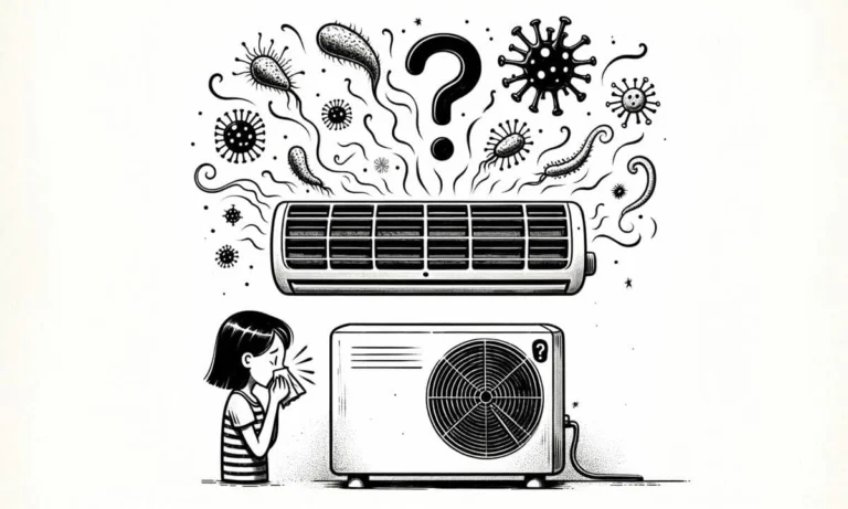 An illustration of an AC unit and person along with contaminants around them both