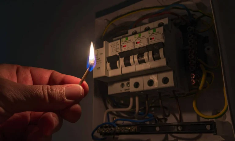 A match lighting up an electrical panel in the dark