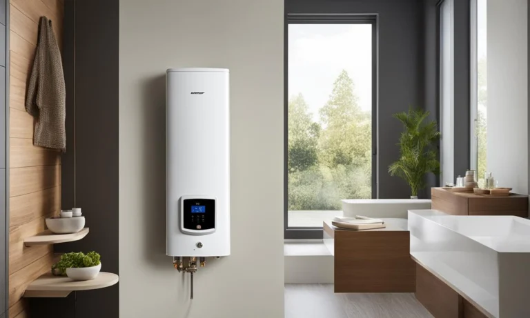 A Tankless Water Heater on a Wall in a Bathroom