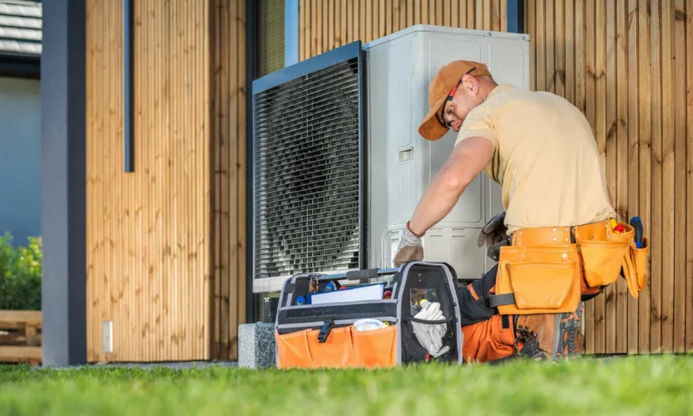 A technician installing a heat pump outside a home