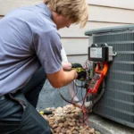 Done technician kneeling at an outdoor condenser testing components with a multimeter during an air conditioner repair in Denver, Colorado.