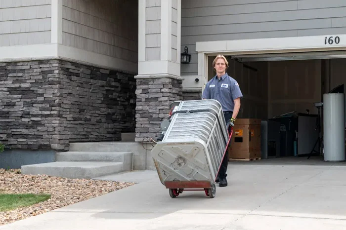 A Done technician pushes a hand truck loaded with an old AC coil past an open garage at a Denver, Colorado residence.