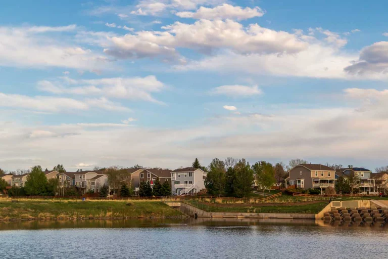 Scenic landscape along the neighborhood trail in the residential area at West Tall Gate Creek in Aurora, Colorado
