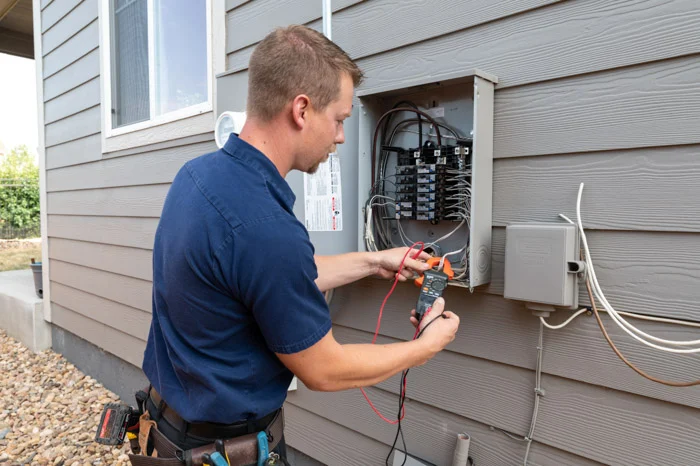 A Done electrician uses a meter with red and black leads to test an open exterior electrical panel on an Aurora home.