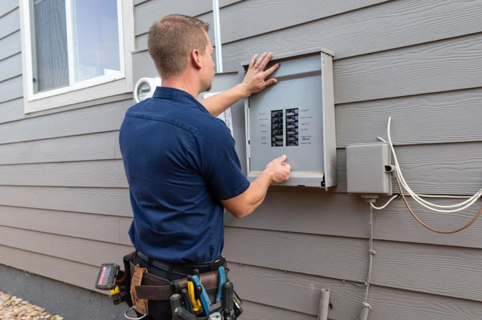 A Done electrician reaches into a labeled exterior breaker panel on the gray siding of a Denver home.