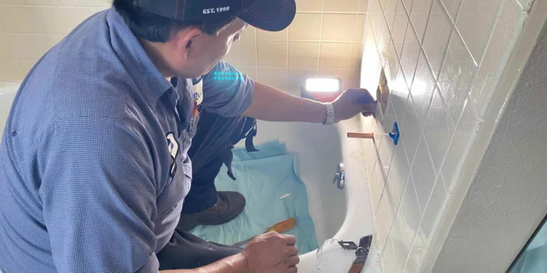 A Done plumber installing a bathtub faucet