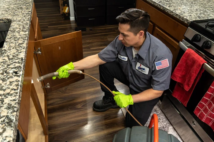 Done plumber in green gloves feeds a drain cleaning cable into a pipe inside a base cabinet in an Aurora kitchen.