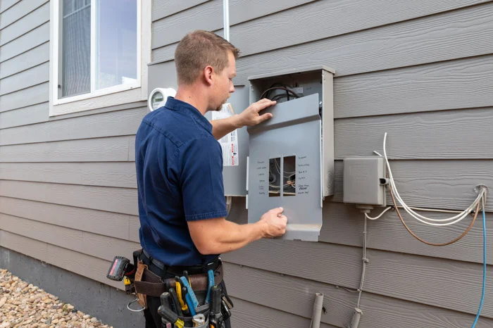 A Done electrician in a navy uniform inspects an open exterior electrical panel on the siding of a Denver home.