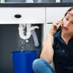 A woman frustrated on the phone while water leaks into a bucket behind her