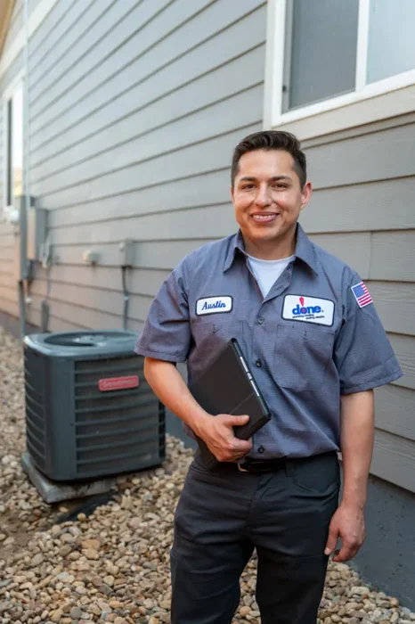 A Done technician holding a tablet stands smiling beside an outdoor air conditioning unit at a home in Aurora, Colorado.