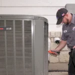 A Done HVAC technician inspecting an outdoor air conditioning unit