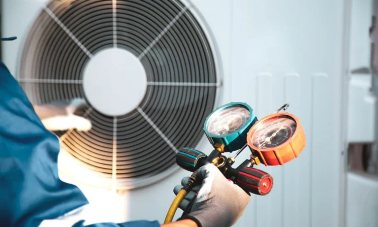An HVAC technician testing an air conditioning unit