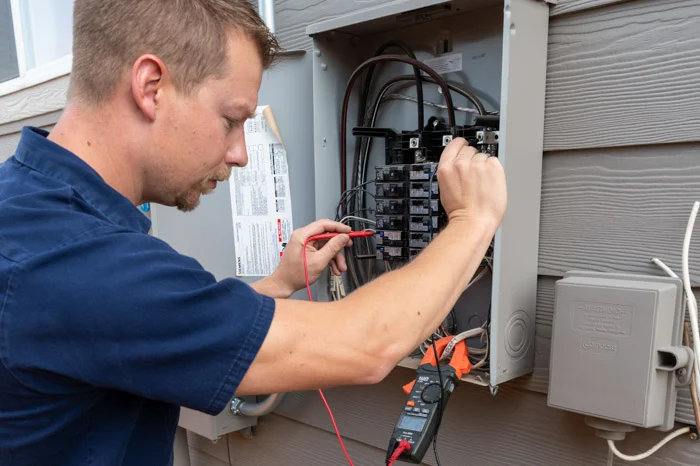 A Done electrician works on the breakers and wiring inside an open exterior electrical panel at an Aurora home.