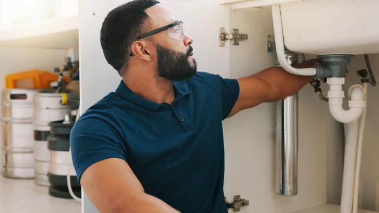A plumber reaching under a sink to fix it.