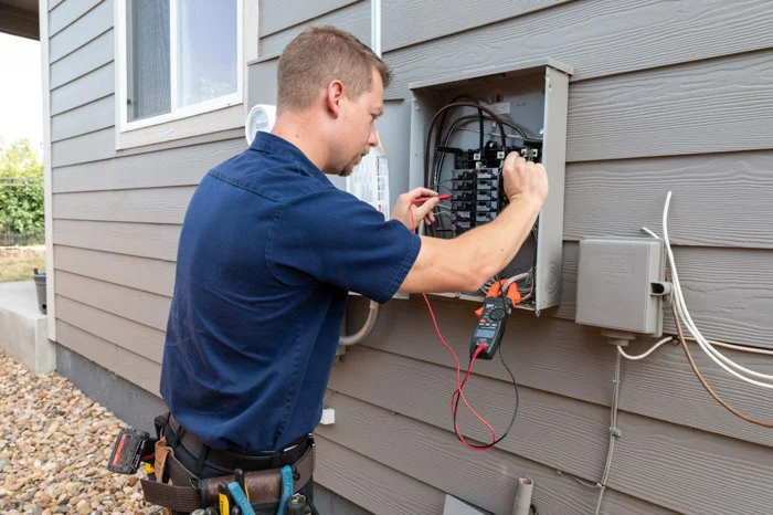 A Done electrician works on the breakers and wiring of an open exterior electrical panel at a Denver home.