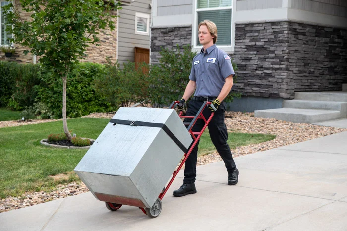 A Done technician hauls a large metal furnace box on a red hand truck down a driveway at an Aurora, Colorado home.