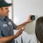 A Done HVAC technician showing a customer how to use their smart thermostat