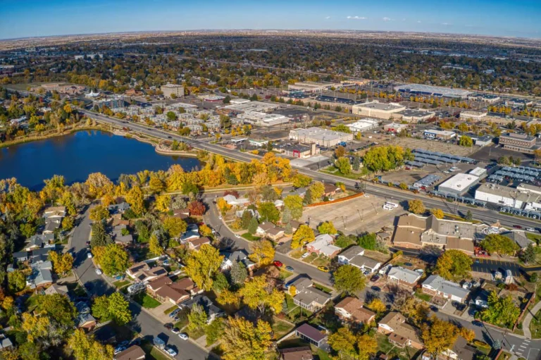 An aerial view of the city of Thornton, CO