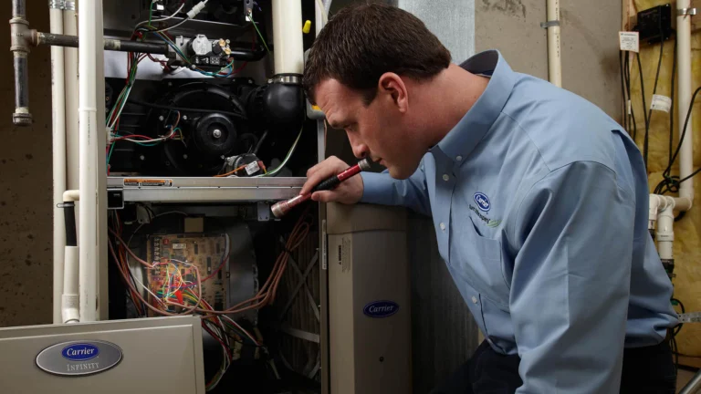 A Carrier technician inspecting an installation