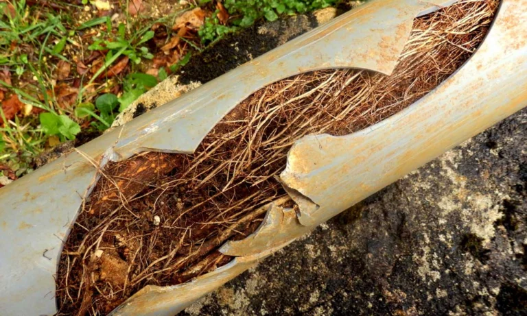 Cracked drain pipe showing roots growing inside