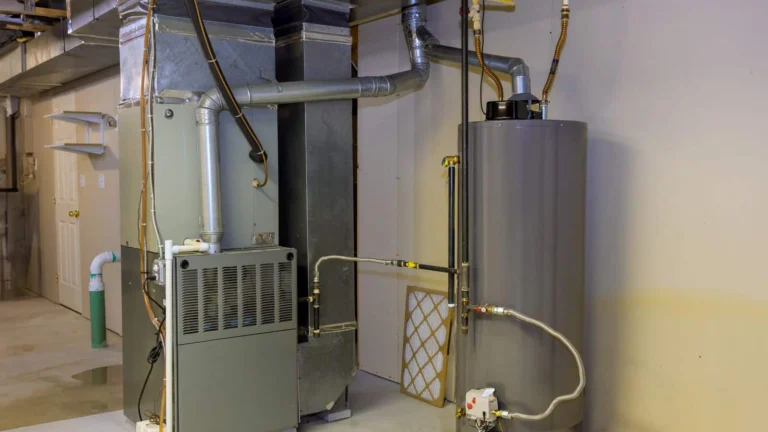 Heating system with water heater and furnace located in a basement of a home