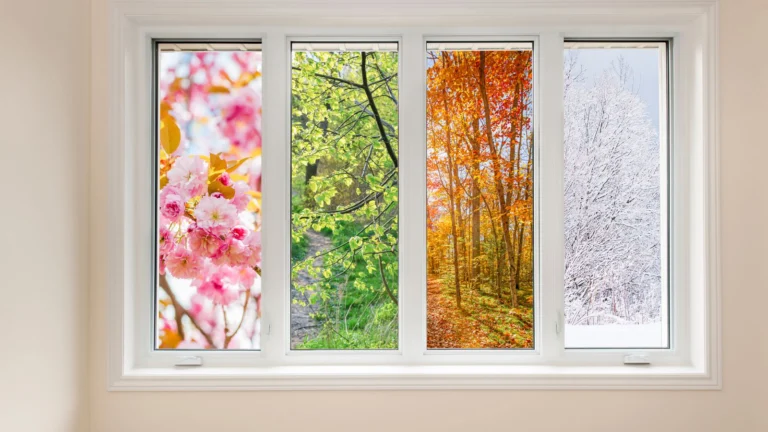 Manipulated photo of a four panel window showing each season