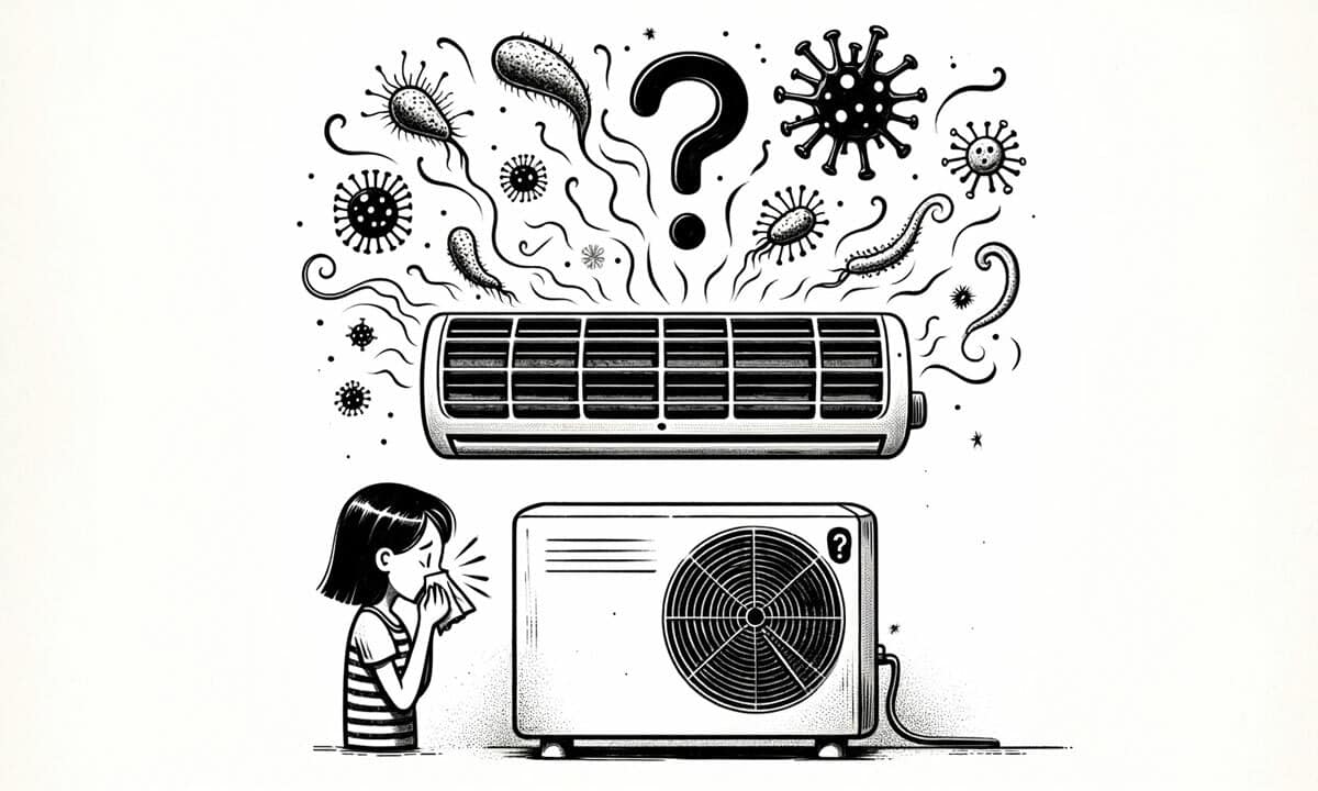 An illustration of an AC unit and person along with contaminants around them both