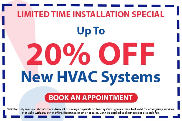 Image of a coupon for a limited time installation offer for up to 20% off new HVAC systems. Click here to book an appointment.