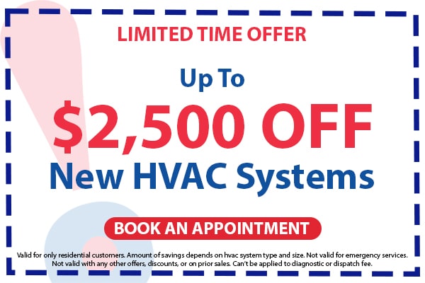 Image of a coupon for a limited time installation offer for up to $2,500 off new HVAC systems. Click here to book an appointment.