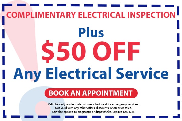 Image of a coupon for a complimentary electrical inspection plus $50 off any electrical service. Click here to book an appointment.