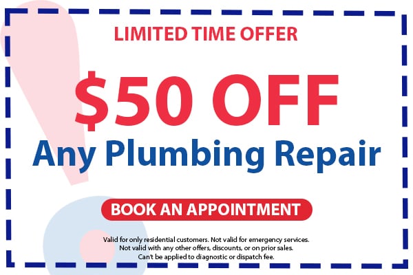 Image of a coupon for $50 off any plumbing repair. Click here to book an appointment.