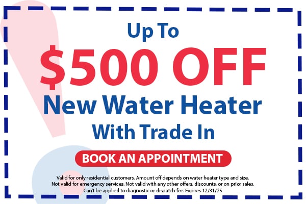 Image of a coupon for up to $500 off a new water heater with trade in. Click here to book an appointment.