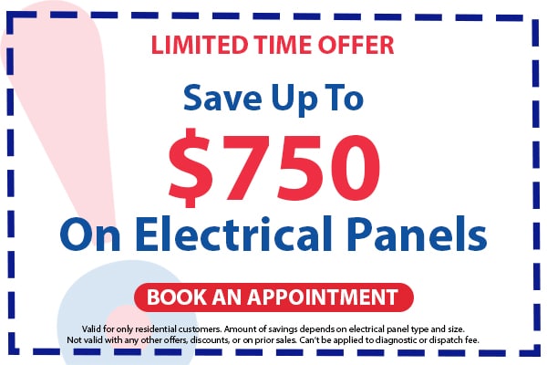Image of a coupon for up to $750 off a new electrical panel. Click here to book an appointment.