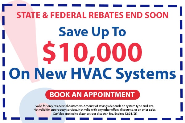 Image of a coupon for up to $10,000 off a new hvac system. Click here to book an appointment.
