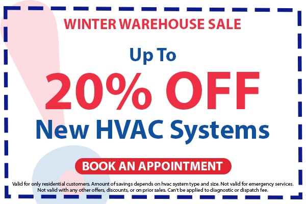 Image of a coupon for a limited time offer for up to 20% off new HVAC systems. Click here to book an appointment.