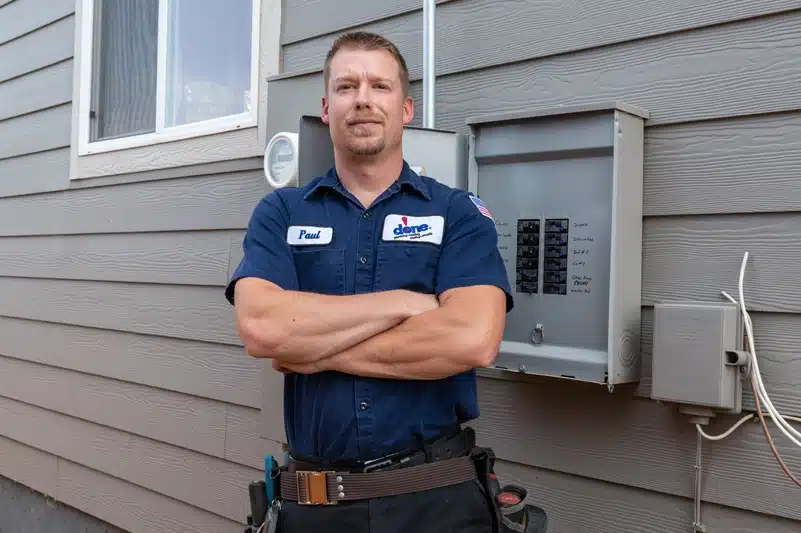 Done master electrician stands confidently next to an electrical panel outside a home