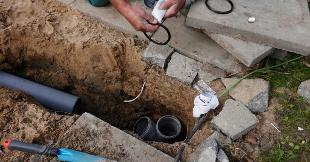 Pipe repairs in a yard