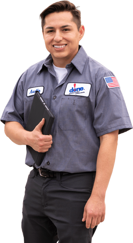 A Done technician holding a clipboard