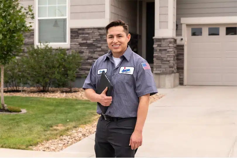 A Done technician stands ready with a tablet outside a home