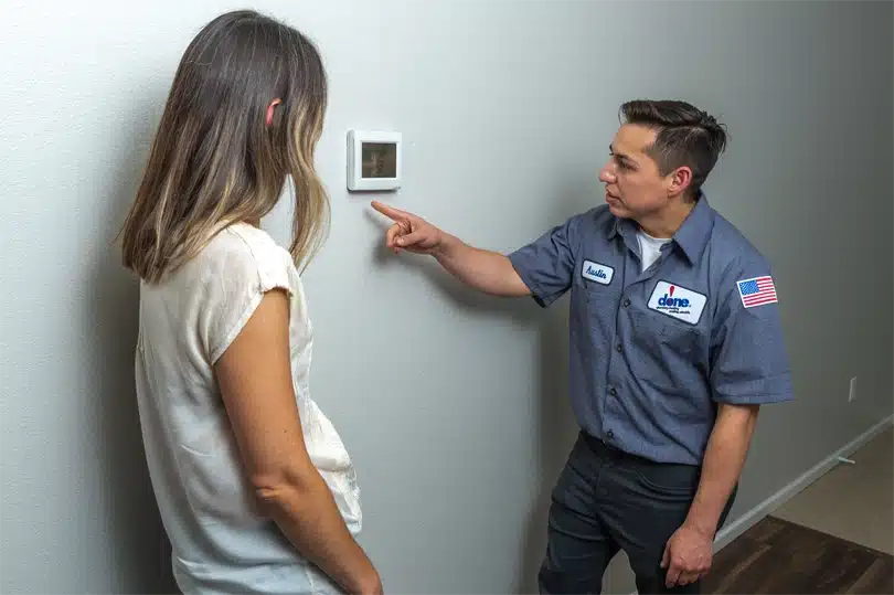 A Done technician explains to a customer the features of their new smart thermostat