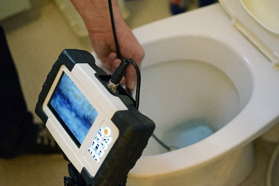 A photograph of a plumber using a camera to investigate a clog in a toilet