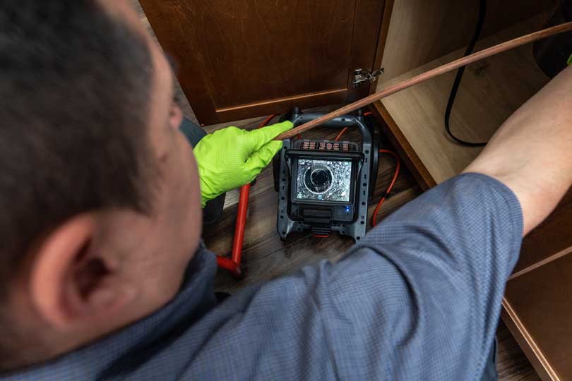 Done! Drain Technician inspecting drain with camera