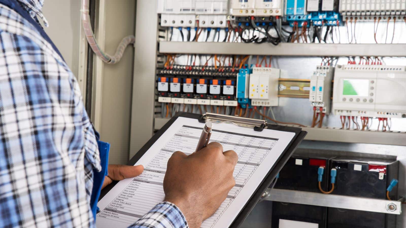 Electrician completing an inspection form while looking at an electrical panel.