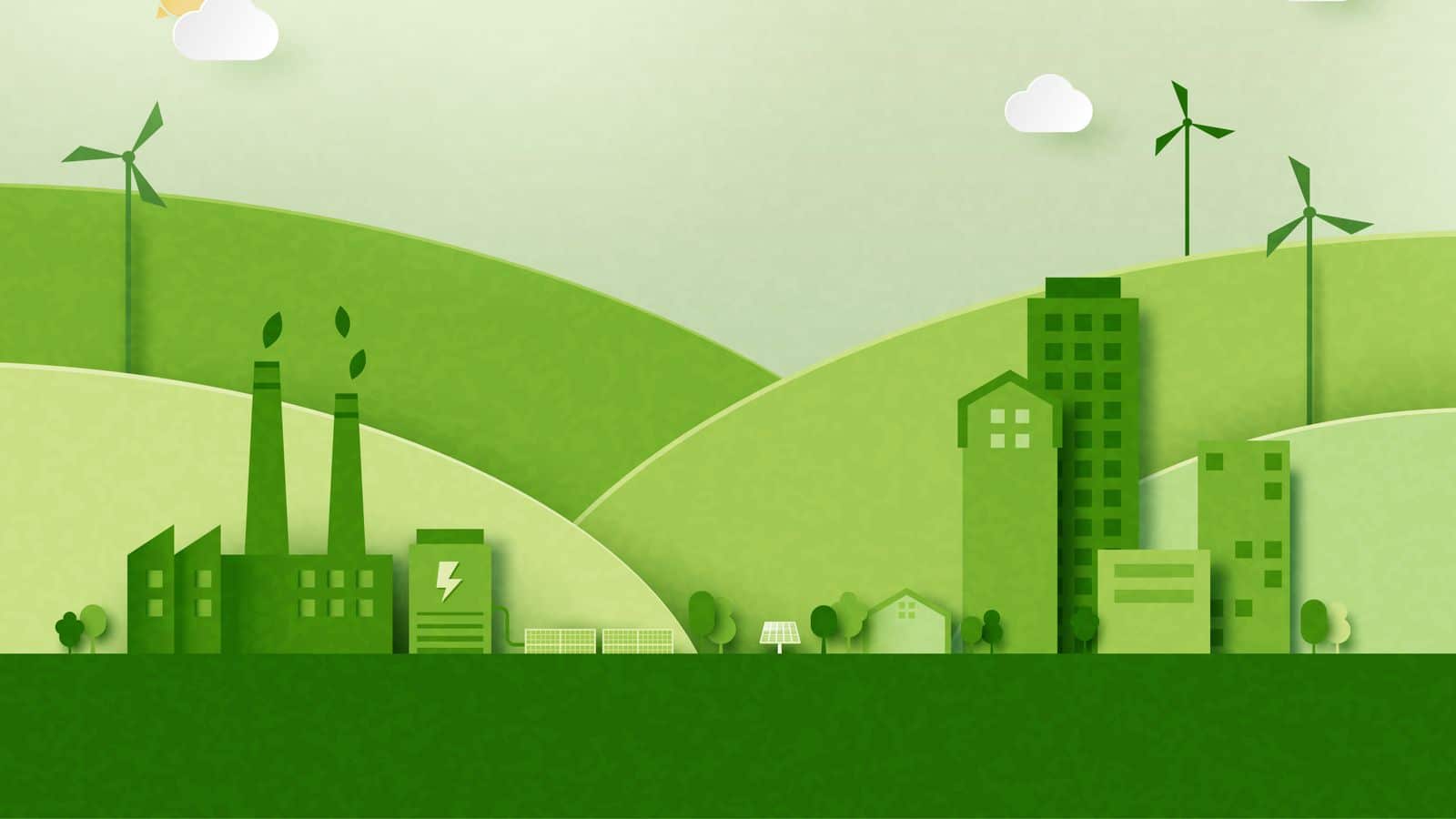 An illustration of a city of buildings and industries and homes in green.