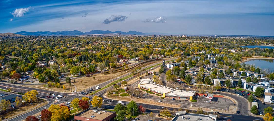 Aerial view of suburban Lakewood, CO