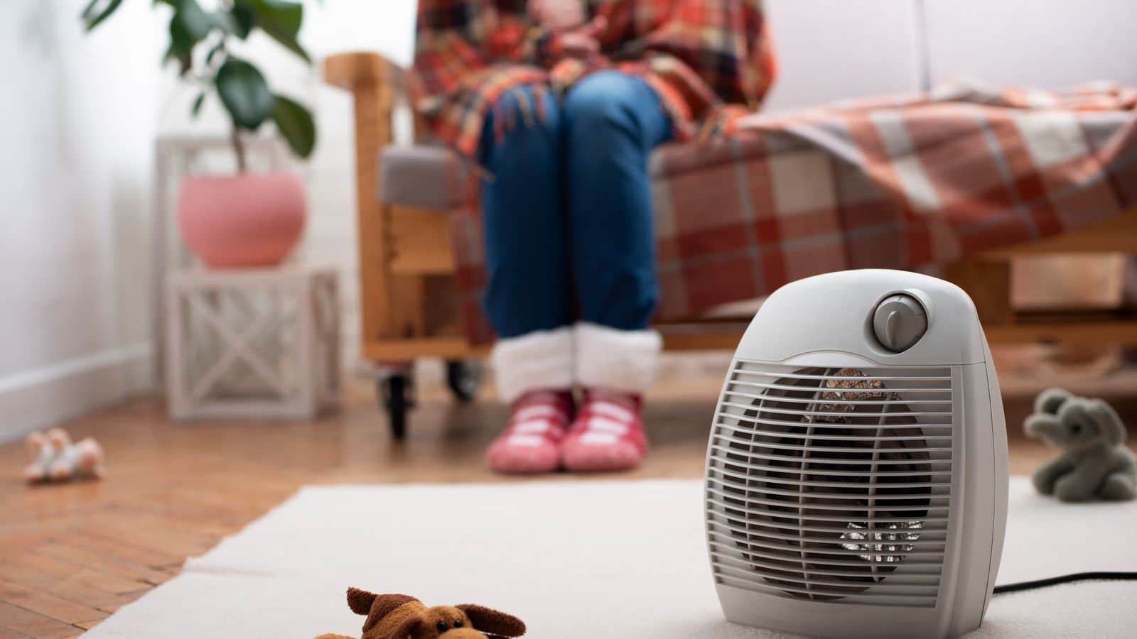 A person on a couch with a space heater