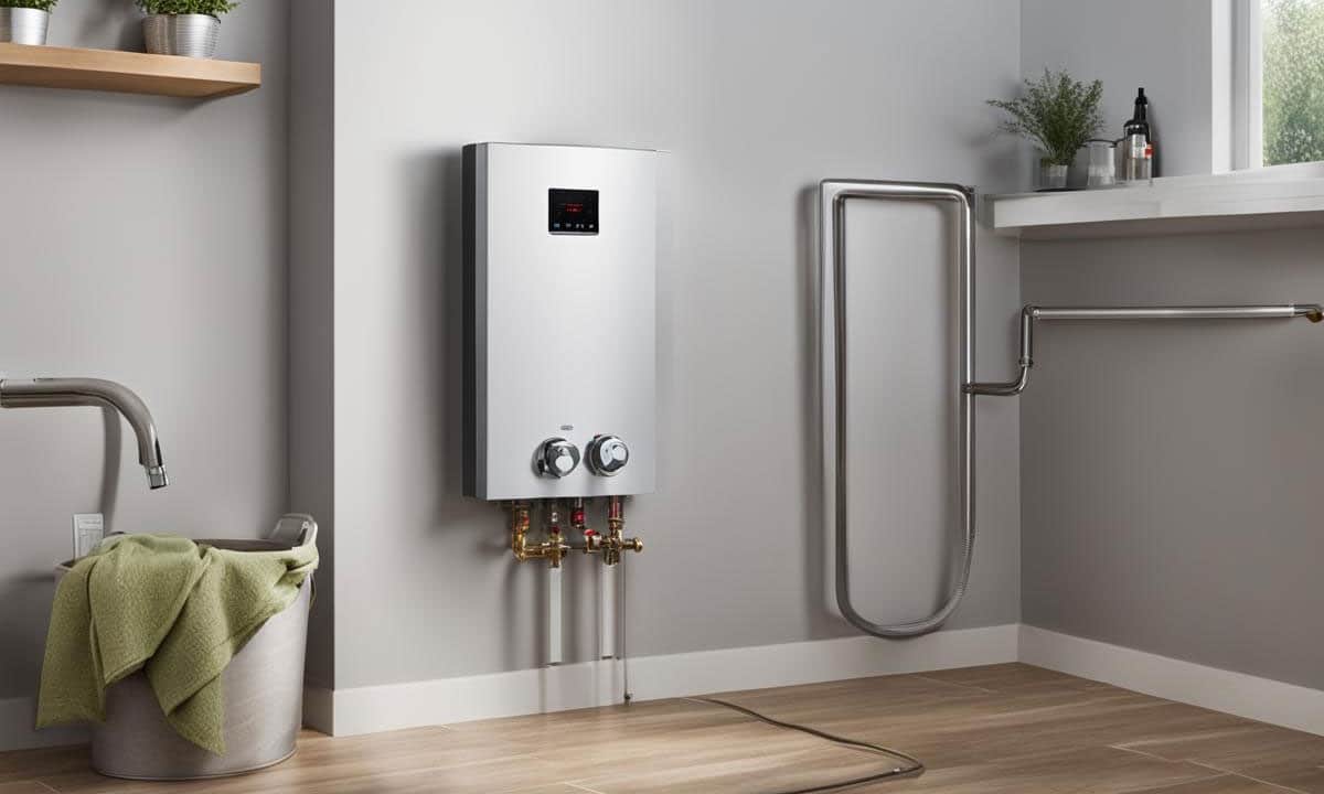 A tankless water heater installed in a home