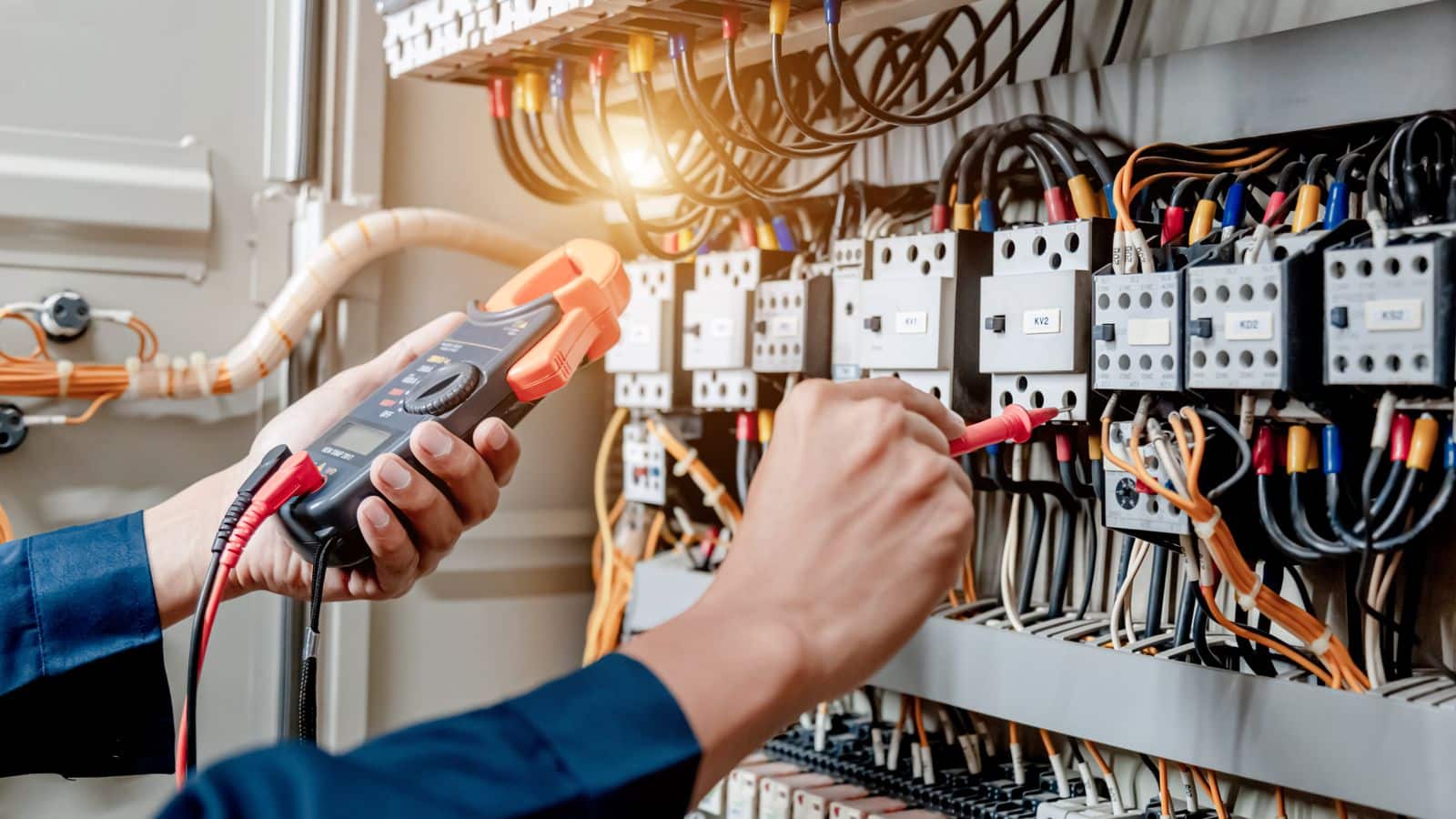 An electrician testing the circuits in an electrical panel.